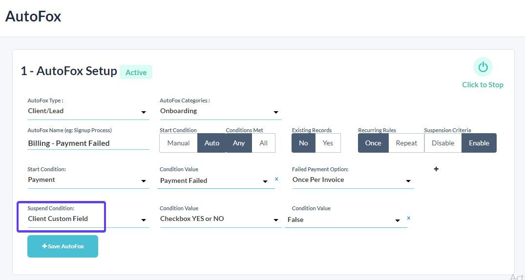 Suspension criteria for Custom Fields DisputeFox